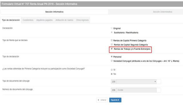 En el Formulario Virtual N° 707, seleccionar la opción "Rentas de trabajo y/o Fuente Extranjera". Lo demás será consignado por defecto si es trabajador en planilla. Caso contrario, deberá ingresar los datos. (Foto: Captura)