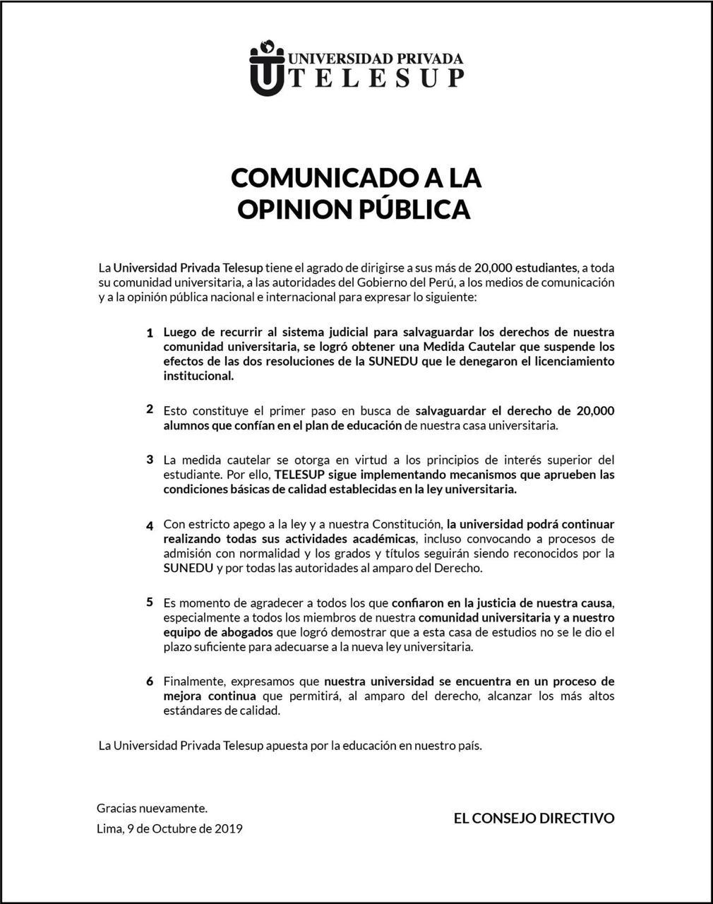 Telesup afirmó en un comunicado que una decisión judicial suspendió dos resoluciones que le denegaban su licenciamiento. (Telesup)