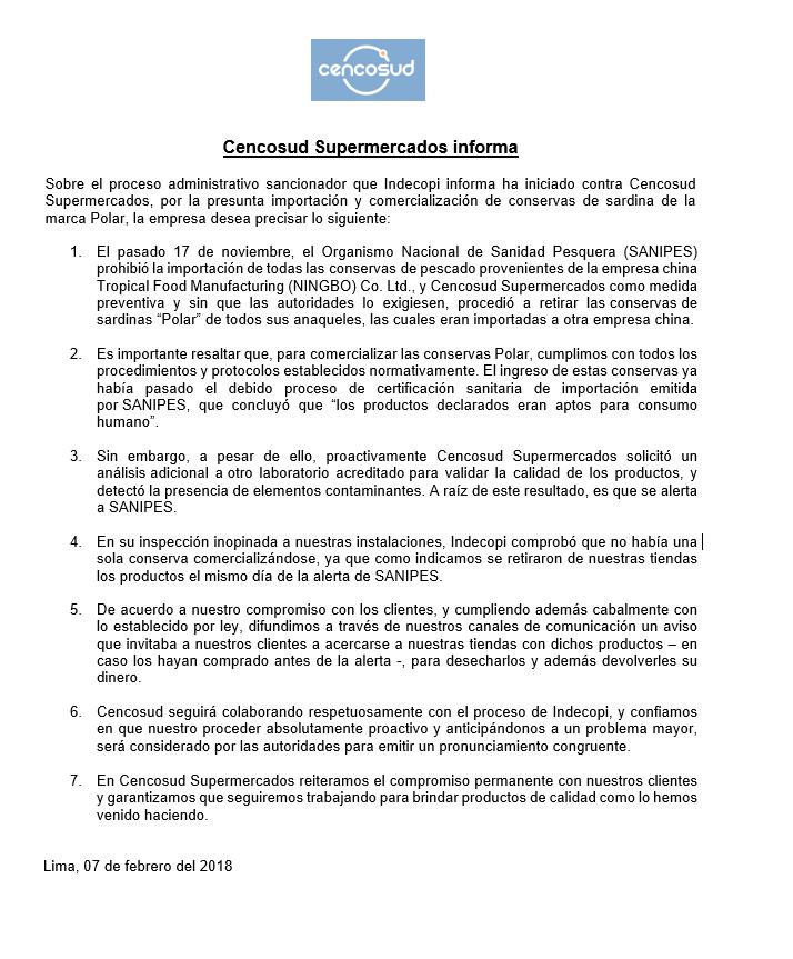 Cencosud respondió al Indecopi.