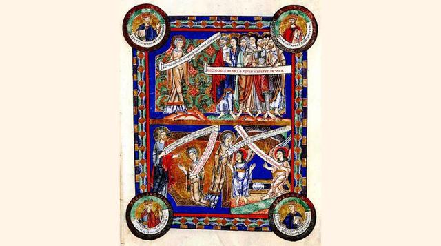 Evangelios de Enrique el León. Se trata de un libro de evangelios encomendado por el príncipe de Sajonia y Baviera en el año 1188. Para confeccionarlo se utilizaron 226 hojas de pergamino, 50 de ellas a todo color. Su ornamentación demuestra el poderío ec