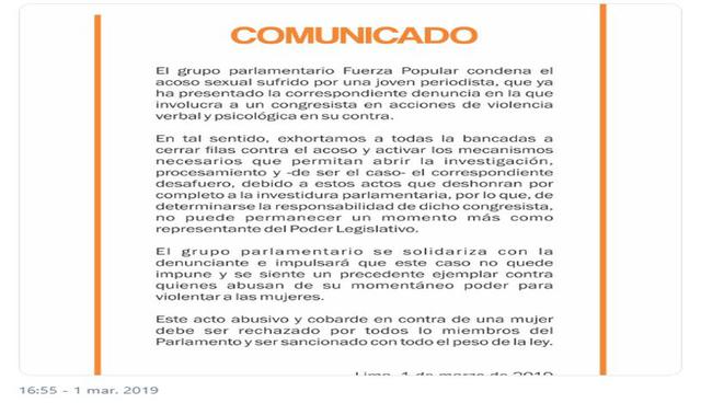 Bancada de Fuerza Popular: "Exhortamos a activar los mecanismos necesarios para abrir la investigación, procesamiento y -de ser el caso- el desafuero". (Foto: Captura)