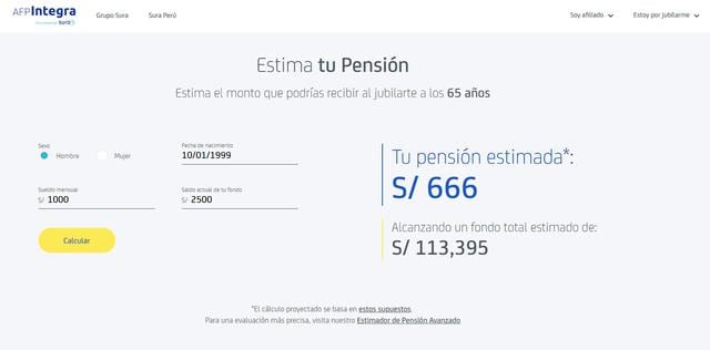 Un hombre que tiene 20, con un ingreso de 1,000 y con un fondo actual de S/ 2,500; recibiría de pensión de S/ 652. El cual podría ser mayor si aumenta su sueldo y frecuencia de aporte.