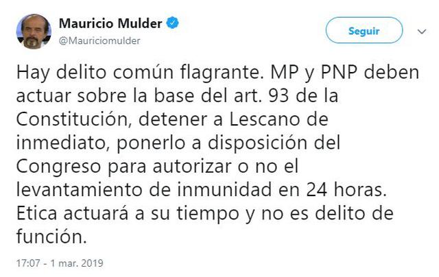 Mauricio Mulder: "(Se debe) detener a (Yonhy) Lescano de inmediato, ponerlo a disposición del Congreso". (Foto: Captura)