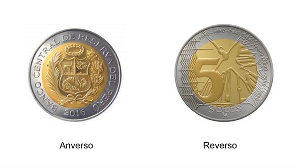 La moneda de S/ 5 de 2016 muestra en el anverso el Escudo de Armas del Perú y en el reverso un motivo a las Líneas de Nazca (Foto: BCR)