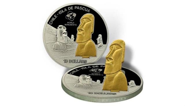 Chile. (República de Chile) Sin ir muy lejos, Chile le realizó un homenaje a las Islas de Padua incluyéndolas dentro de una moneda. El distintivo de esta pieza de colección es que viene con una pequeña bisagra, que permite levantar el moái dorado que tien