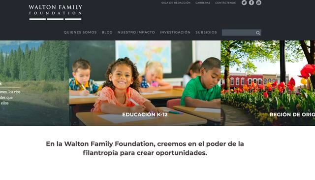 Iniciativa Building Equity. Fundada en 1997, la iniciativa Walton financia préstamos a bajo interés para prestamistas sin fines de lucro que ayudan a las escuelas charter de todo el país a asegurar y mejorar sus instalaciones. La Walton Family Foundation se está asociando con Civic Builders, un desarrollador de instalaciones sin fines de lucro, para administrar la iniciativa. Juntos trabajarán con organizaciones sin fines de lucro de educación local en hasta 20 ciudades.
Las donaciones a universidades, hospitales e instituciones culturales no están incluidos. La lista limita a dos lugares por donador en el top diez. Donador: Walton Family Foundation. 250 millones de dólares