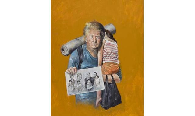 Donald Trump El presidente de EE UU, en el papel de un padre refugiado que lleva en brazos a su hija y enseña la foto de su familia perdida en cualquier guerra. (Foto: ABDALLA.AL.OMARI – INSTAGRAM)