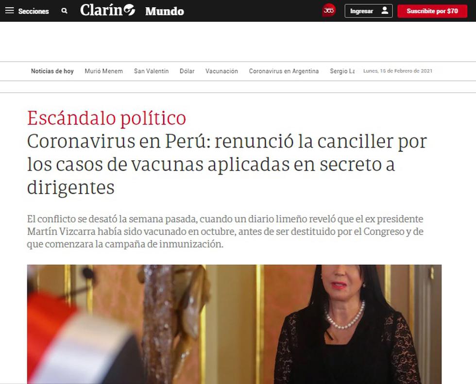 “La canciller de Perú, Elizabeth Astete, renunció este domingo al quedar involucrada en el escándalo de las vacunas contra el coronavirus que fueron aplicadas a dirigentes políticos antes de que comenzara la campaña de inmunización”, recoge el medio argentino. (Captura de pantalla)