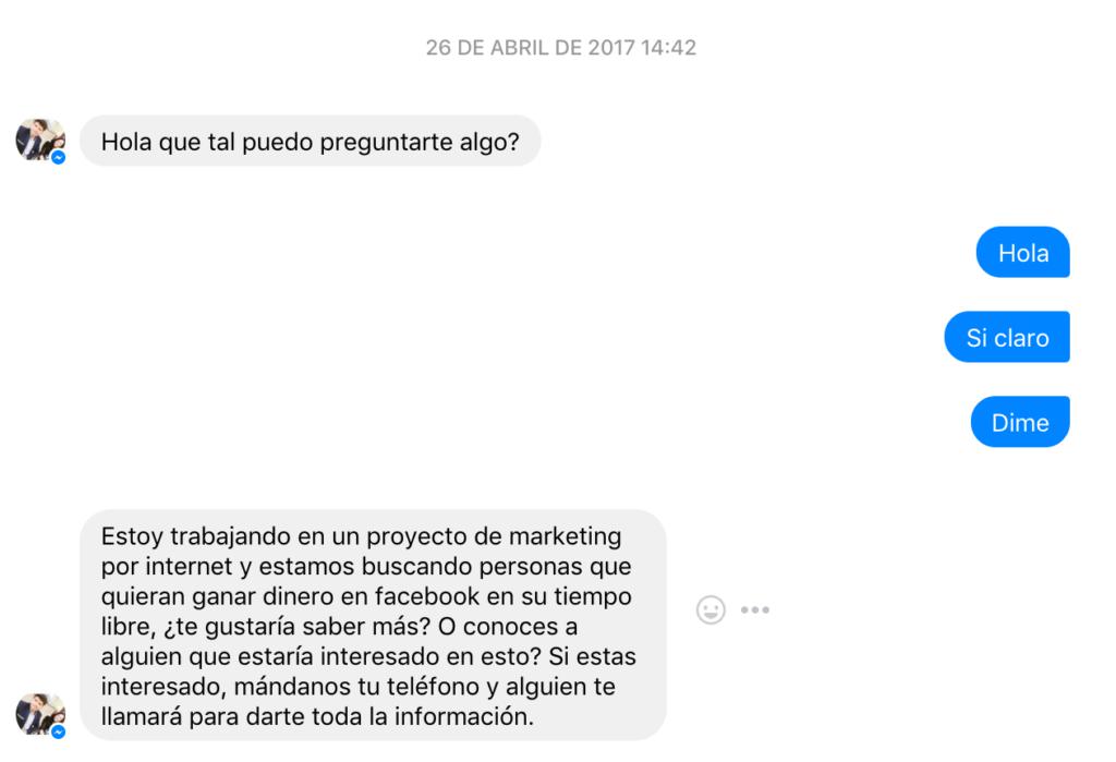 Mensaje de negocio piramidal típico de Facebook (Foto: Captura)