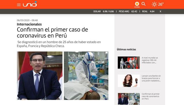 Red Uno de Bolivia manifestó que en Perú se había anunciado el primer caso de coronavirus. (Red Uno).
