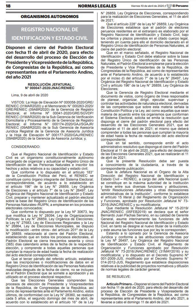 Reniec dispuso que se cierre el padrón electoral y se notifique de esto al JNE para las Elecciones Generales 2021. (Foto: GEC)