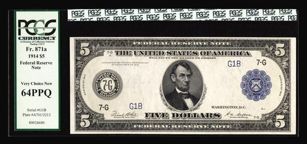 Billete de la Reserva Federal con sello azul de 1914 de $5 dólares (Foto: PCGS)
