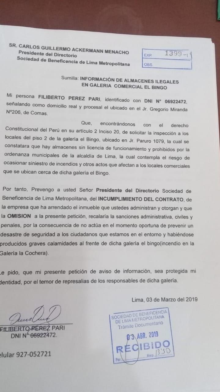 Carta a la Beneficencia de Lima de Mesa Redonda