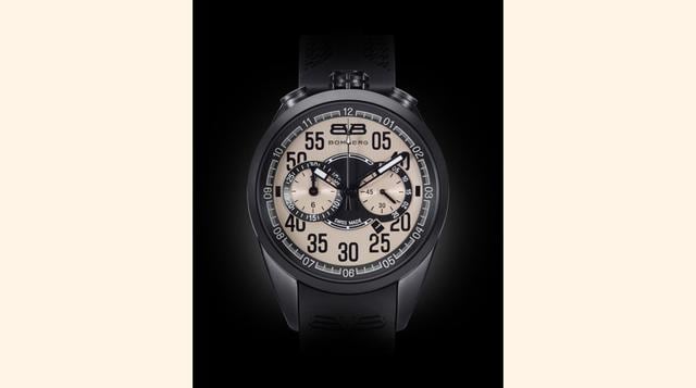 1968 Chronograph, 44mm. Movimiento con cronógrafo. Sumergibilidad hasta 100 m. Acero inoxidable con tratamiento PVD negro y oro rosa. Correa de silicona negra. (Foto: Bomberg)