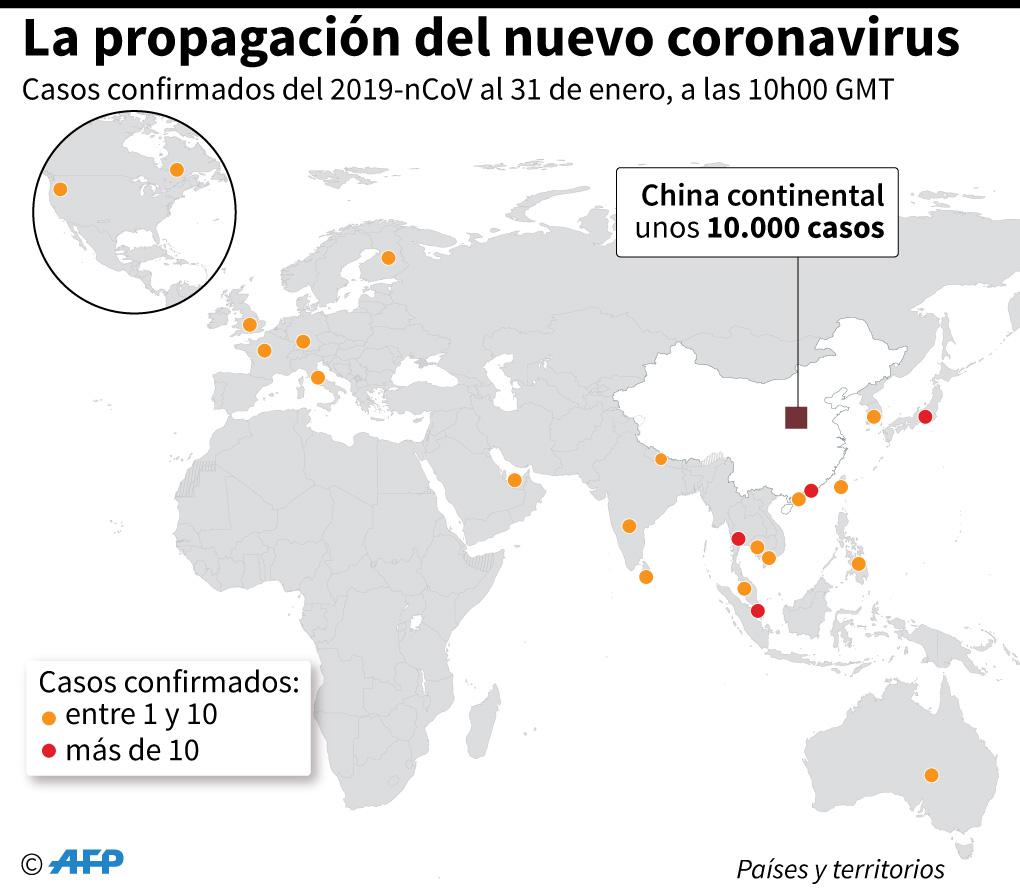 Mapa mostrando los países y territorios en donde se registraron casos del nuevo coronavirus. (AFP)