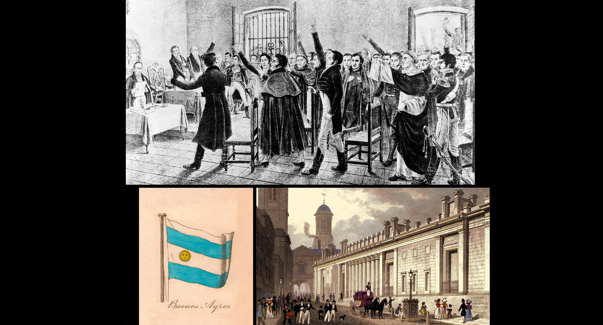 FOTO 1 | 1827: Después de declarar su independencia de España en 1816, la economía argentina se abrió rápidamente al comercio exterior. Algunos historiadores más tarde se referirían a los principios de la década de 1820 como la "experiencia feliz" de la nación, un período de paz, prosperidad y fascinación con la aristocracia europea. Eso pronto cambió. Argentina había vendido bonos en Londres para ayudar a financiar su soberanía. Esta deuda quedó bajo presión cuando el Banco de Inglaterra aumentó las tasas de interés en 1825. Argentina incumplió dos años más tarde. El país tardó otros 30 años en reanudar los pagos de la deuda.
Imagen superior: Argentina declara su independencia de España. 
Imagen izquierda: ilustración en inglés de la bandera de "Buenos Aires", 1838.
Imagen derecha: el Banco de Inglaterra en Londres, 1828. (Foto: Getty)