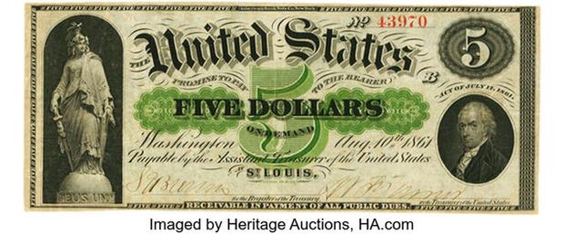 $5 dólares 1861 Nota a la vista de St. Louis (Foto: Heritage Auctions, HA.com)