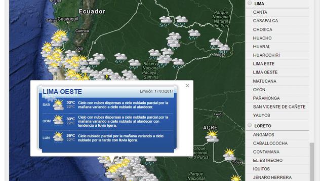 Si da click en la ciudad de su interés, ubicada en la barra derecha, obtendrá pronósticos para los próximos tres días. Por ejemplo, en el caso de Lima oeste se pronostica ligera lluvia para el domingo y lunes.