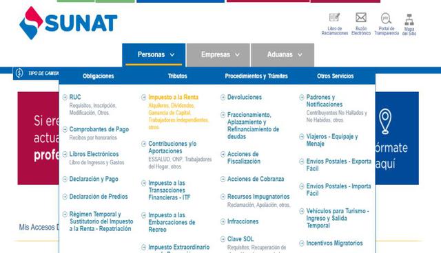 Desde la página web de la Sunat, deberá colocarse el puntero en la pestaña personas y luego seleccionar "Impuesto a la Renta". (Foto: Captura)