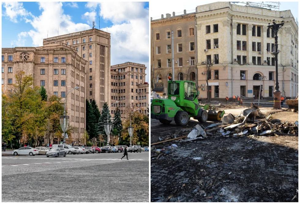 Por su cercanía con la frontera con Rusia, Járkov, la segunda ciudad de Ucrania, es una de las más castigadas por la guerra. Lleva recibiendo ataques desde el día 1 de la invasión y las tropas del Kremlin continúan su cerco. Así era y así es su Plaza de la Independencia. (Foto: Getty Images / Sergey Bobok / AFP / Getty Images).
