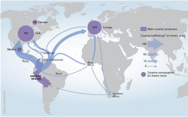 La cocaína que se produce con coca sembrada en Perú, Bolivia y Colombia va directamente a Estados Unidos y Europa, pero también a Sudáfrica y África occidental, de donde se reenvía a los países europeos.