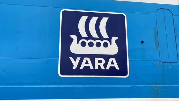 FILE PHOTO: The Yara International company logo is seen on Yara Birkeland, the world's first fully electric and autonomous container vessel, in Oslo, Norway November 19, 2021. REUTERS/Victora Klesty