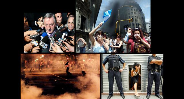 FOTO 7 | 2001: A medida que la brutal recesión entraba en su cuarto año, tras haber eliminado cerca de dos tercios del producto interno bruto del país, los argentinos se amotinaron. El país tuvo cinco presidentes en dos semanas y se declaró en ese momento el incumplimiento más grande de un país en la historia. Se detuvieron los pagos de US$95.000 millones en bonos. Eso llevó a acuerdos de reestructuración con acreedores en 2005 y 2010 bajo Néstor Kirchner y su esposa, Cristina Fernández. La mayoría de los titulares de bonos acordaron tomar los 30 centavos por dólar que se ofrecía, pero un contingente liderado por el multimillonario de fondos de cobertura Paul Singer resistió y exigió el pago total. 
Imagen superior izquierda: Néstor Kirchner.
Imagen superior derecha: manifestantes caminan entre el humo y gas lacrimógeno, Plaza de Mayo, 2001.
Imagen inferior derecha: una mujer sale de una sucursal bancaria que ha instalado una cortina de metal para protegerse de las violentas manifestaciones en 2002.
Imagen inferior izquierda: manifestantes y revoltosos en 2002. (Foto: Getty)