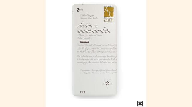 Amedei Porcelana: Productor: Amedei. Origen: Italia. Cacao: 70%, 50 g. La empresa suiza Idilio produce este excelso chocolate negro, con matices aromáticos que recuerdan a azahar, café y menta fresca.