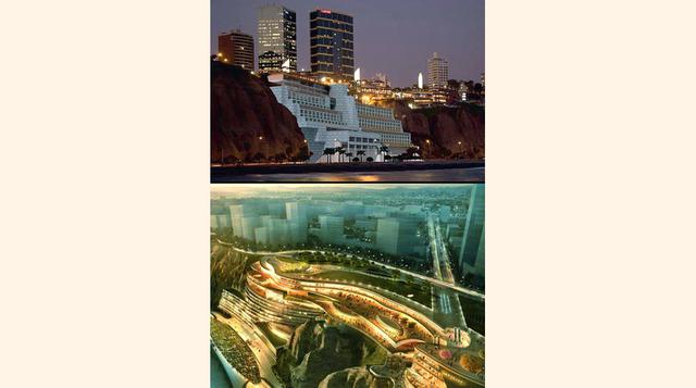 Hotel Hyatt. Uno de los proyectos más antiguos y cuya viabilidad sigue sin definirse. Ubicado en el acantilado debajo del C.C. Larcomar, desde lo alto del Malecón Cisneros hasta la Vía de la Costa Verde. (Imagen: Alto Efecto)