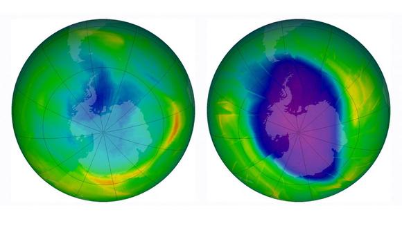 sta imagen de archivo publicada el 1 de diciembre de 2009 muestra una combinación de dos imágenes publicadas por el Observatorio de la Tierra de la NASA que muestran el tamaño y la forma del agujero de ozono cada año en 1979 (L) y en 2009. (Foto: NASA / AFP)
