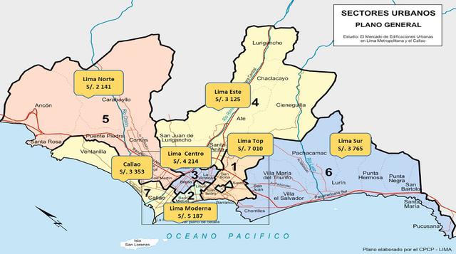Este mapa de Lima muestra la diferencia de precios entre los distritos de Lima. A continuación, presentamos la diferencia de precios al interior de algunos de los distritos de la capital.