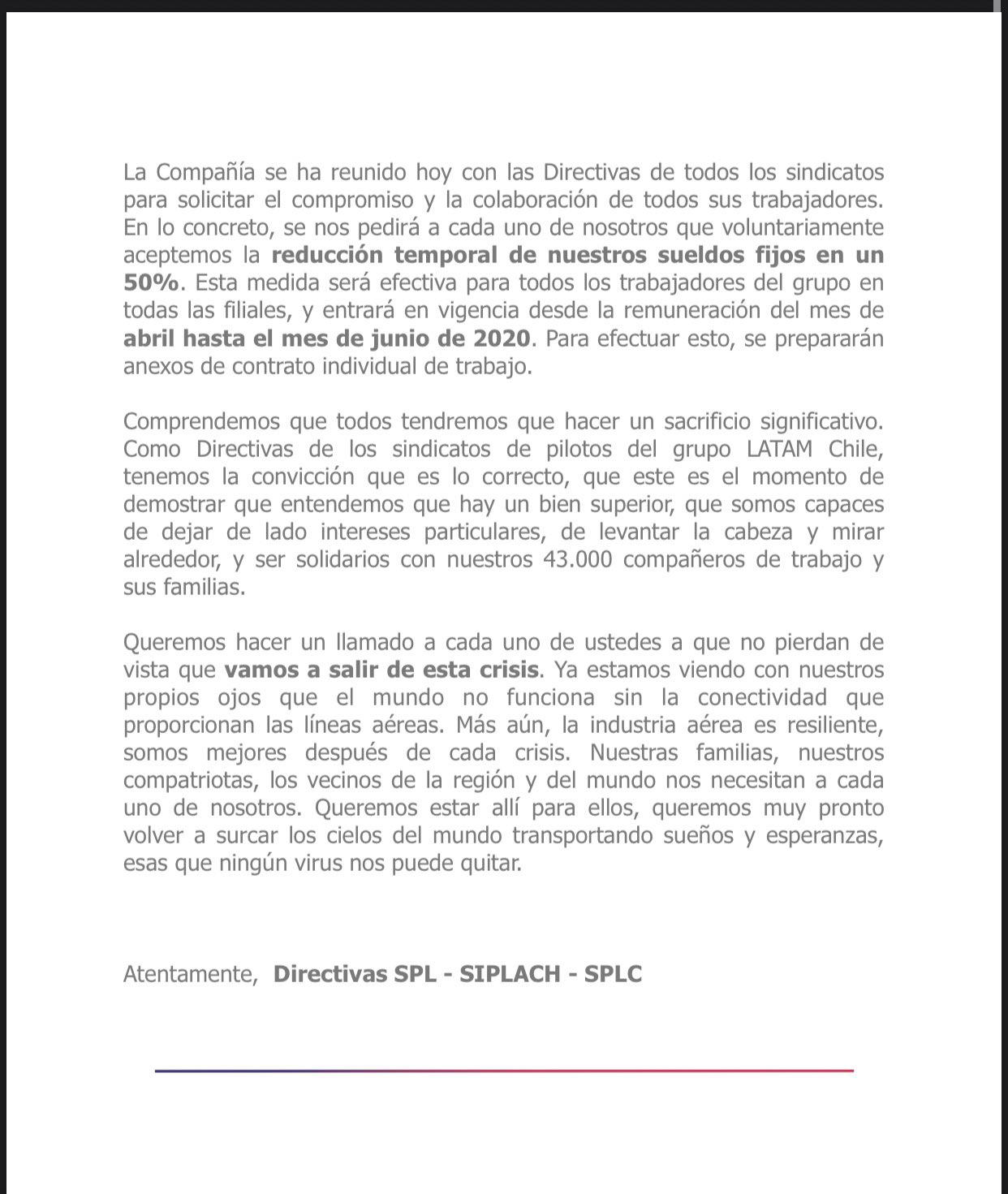 Comunicado del sindicato de pilotos.