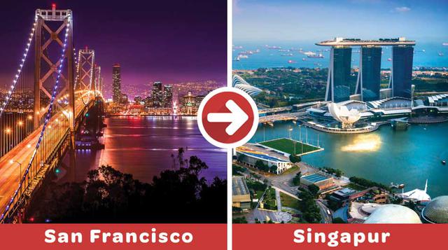 San Francisco-Singapur. Volar en Singapore Airlines significa un viaje de 16h 30m para recorrer los 13,593 km que separan ambas ciudades.