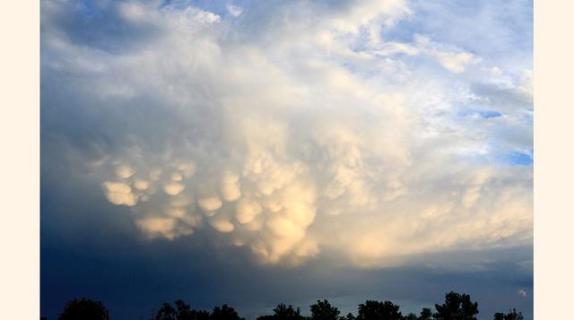 Nubes Mammatus. Estas curiosas formas se producen siempre que exista una corriente descendente que "aplaste" la nube contra su ascensión natural de formación.