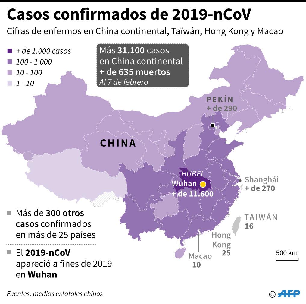 Mapa pintado según la cantidad de casos del nuevo coronavirus en China continental, Taiwán, Hong Kong y Macao, el 7 de febrero. (AFP).