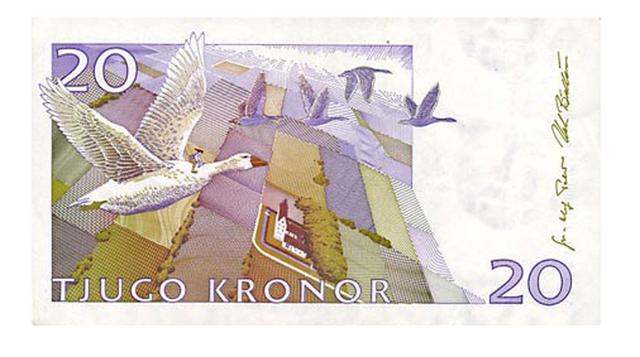 Corona sueca. Es la moneda oficial de Suecia desde 1873. Un año más tarde comenzó su versión en billetes, aunque éstos han sufrido diversas actualizaciones (la más reciente en 2015).