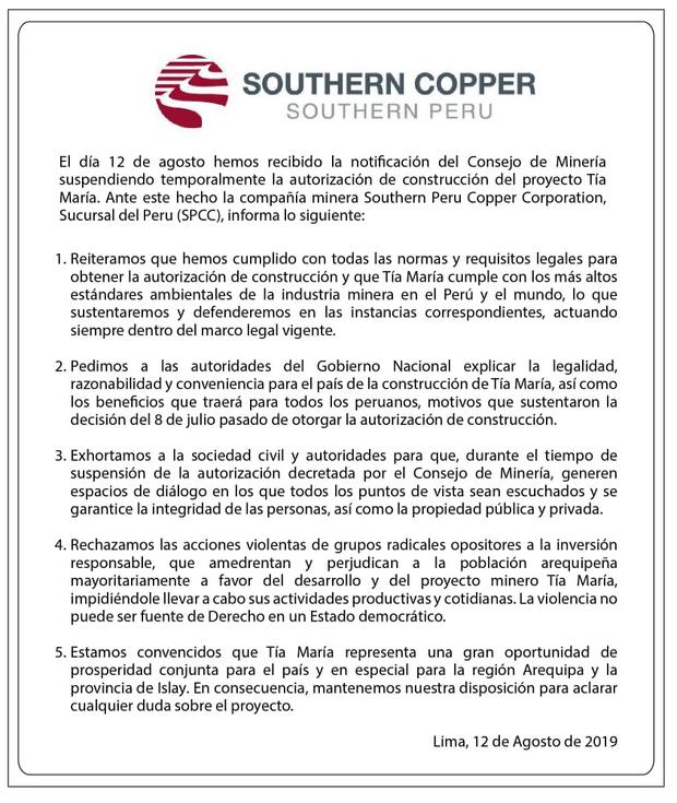 Primer pronunciamiento de Southern Copper, tras la suspensión de la licencia de Tía María. (Fuente:&nbsp;Southern)