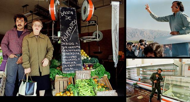 FOTO 6 | 1989: Una serie de fracasos acumulados a finales de la década de 1980 para frenar la inflación, que ascendió a más de 3.000%, desencadenó otro incumplimiento en 1989 y llevó al poder al líder peronista Carlos Menem. Su gobierno redujo la inflación, privatizó empresas estatales y atrajo inversión extranjera directa. El país salió de la recesión y pasó a tener un crecimiento de dos dígitos a finales de su segundo año en el cargo. Sin embargo, la deuda externa de Argentina aumentó a más de US$100.000 millones, dado que Menem no logró frenar el gasto. Al final de su mandato, la nación había caído en recesión una vez más en medio de un creciente desempleo, exportaciones limitadas y un peso sobrevaluado. 
Izquierda: propietarios de un puesto de venta protestan contra la inflación. 
Derecha superior: Carlos Menem en campaña.
Derecha inferior: soldado inspecciona un supermercado saqueado en Rosario. (Foto: Getty)