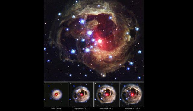 Hubble pudo captar en 2002 que la estrella V838 Monocerotis se había iluminado por dos semanas. Este efecto fue considerado, en su momento, como un eco de luz, algo que nunca se había visto. (Hubble Space)