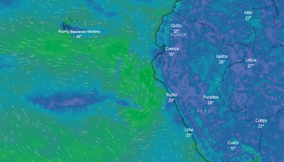 Imagen donde se puede ver los vientos que hay alrededor del ciclón Yaku, el cual se encuentra cerca al litoral de Piura. (Foto: Windy.com)