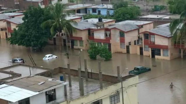 Las calles de la ciudad de Piura parecen pantanos. Los vehículos tienen medio chasis inundado y el panorama luce desolador. (foto: @Ro_Aliaga).