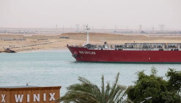 The SKS Doyles crude oil tanker moves along the Suez Canal towards Ismailia in Suez, Egypt, on Thursday, Dec. 21, 2023. A steep decline in the number of tankers entering a vital Red Sea conduit suggests that attacks on ships in the area are further disrupting a key artery of global trade. Photographer: Stringer/Bloomberg