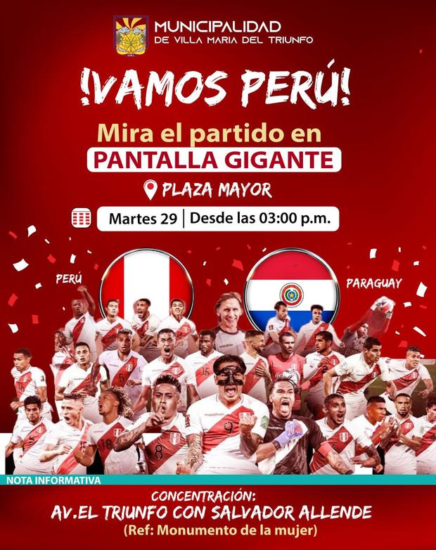Los aficionados podrán disfrutar de Perú vs.  Paraguay en vivo en Villa María del Triunfo en la pantalla grande.