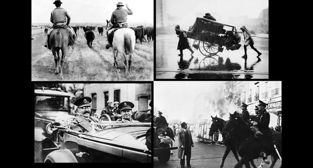 FOTO 3 | 1951: Una afluencia de inmigrantes y capital extranjero impulsó a Argentina y convirtió al país en uno de los más prósperos del mundo a principios de 1900. Pero la Primera Guerra Mundial golpeó duramente la economía del país, al igual que la Gran Depresión que siguió una década después. El desempleo y el malestar social se dispararon. En 1930, un golpe de Estado llevó a los militares al poder, lo que dio inicio a un período de inestabilidad política -ocho presidentes en dos décadas- y una política de sustitución de importaciones que cerró la economía y ayudó a desencadenar un incumplimiento. 
Imagen superior izquierda: vaqueros reúnen ganado en 1951.
Imagen superior derecha: vendedores halan su carretilla por una calle inundada en Buenos Aires, 1930.
Imagen inferior izquierda: autobús arde en la Plaza de Mayo durante la revolución de 1943.
Imagen inferior derecha: José Félix Uriburu en 1930. (Foto: Getty)