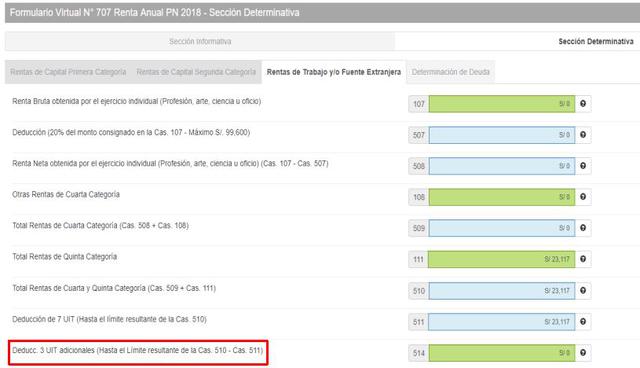 Proceder a la "Sección Determinativa" y ubicar la casilla "Deducción 3 UIT adicionales". En la barra lateral derecha, hacer doble click. (Foto: Captura)