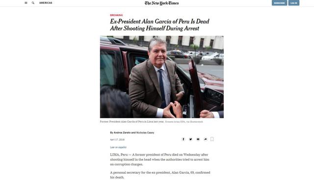 Alan García falleció este miércoles en el hospital Casimiro Ulloa. (Captura: The New York Times - Estados Unidos)