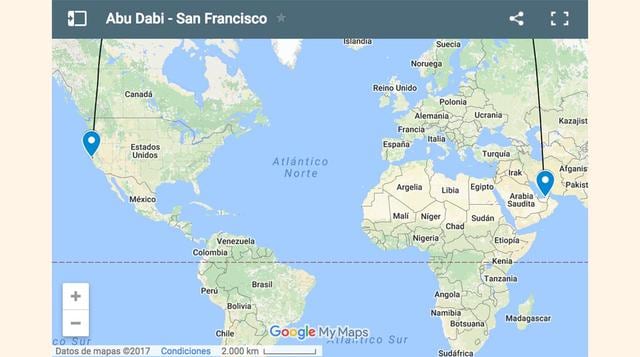 8. Abu Dabi – San Francisco: 13.218 km, 15 horas 13 minutos.