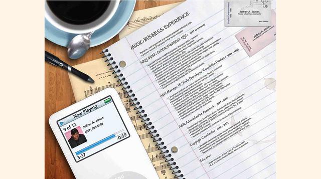 Mundon también creó este CV para Jeffrey James con la idea de demostrar que él está en la industria de la música. La idea funcionó. "Este CV en particular sí le consiguió el trabajo [que quería]", cuenta Mundon. "El diseño [de un CV] es muc