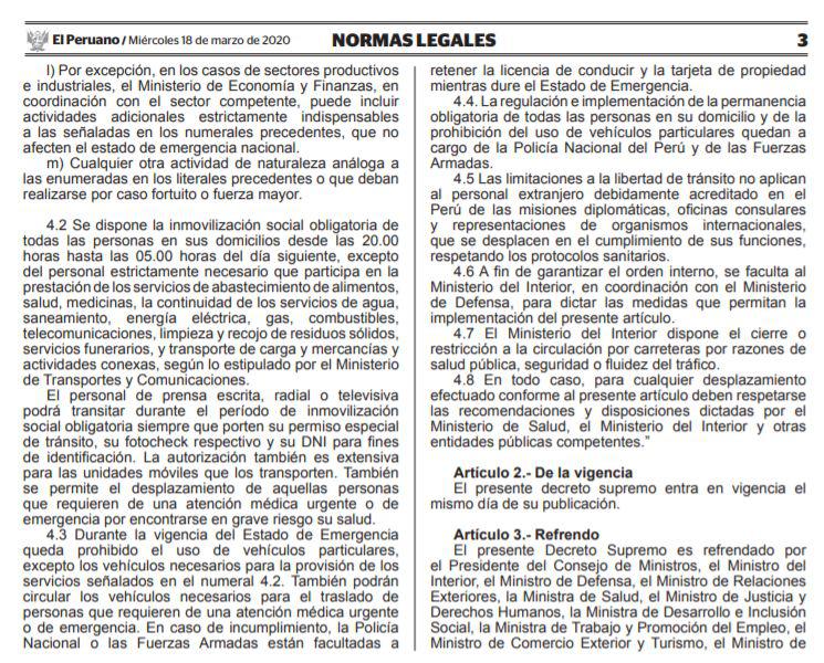 El decreto supremo que restringe el tránsito de 8 p.m. a 5 a.m. usa el término "inmovilización social obligatoria".