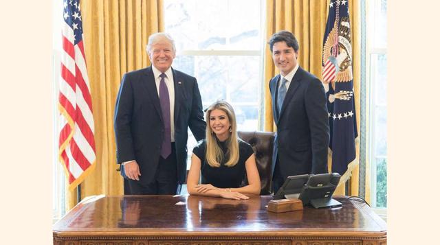 Ivanka Trump decidió este martes publicar en su perfil de Instagram una foto sentada en la silla del despacho oval junto a su padre, Donald Trump, y el primer ministro de Canadá, Justin Trudeau. La imagen ha levantado una gran polémica. (Foto: msn)